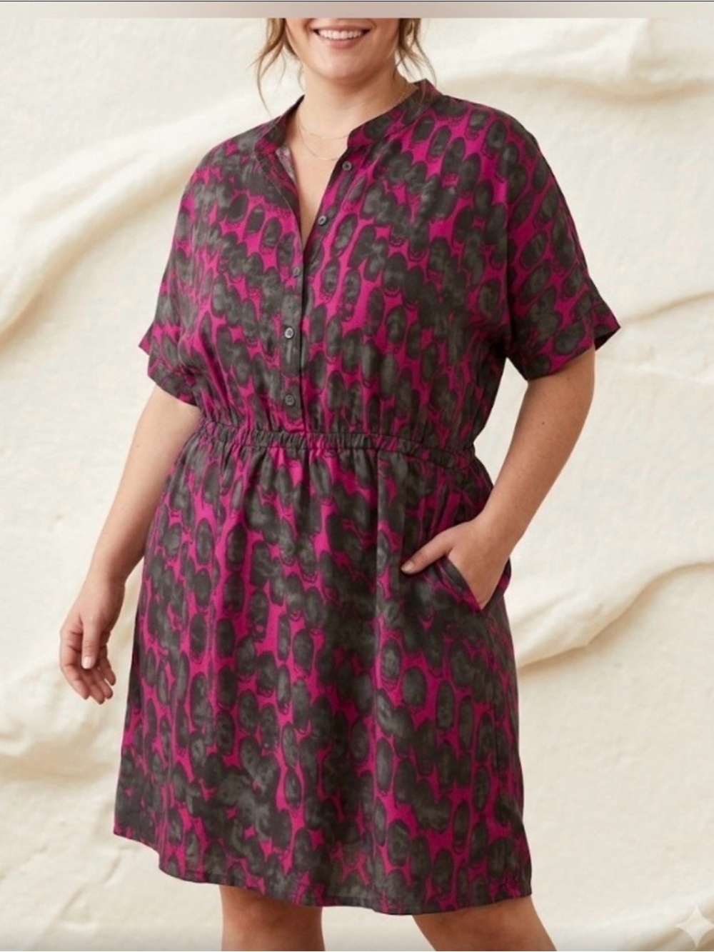Shirt Dress in Magenta and Charcoal Print